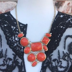 Goldtone orange and rhinestone geometric statement necklace abstract